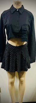 Black Pin Stripe 2pc Top W/Flare Skirt
