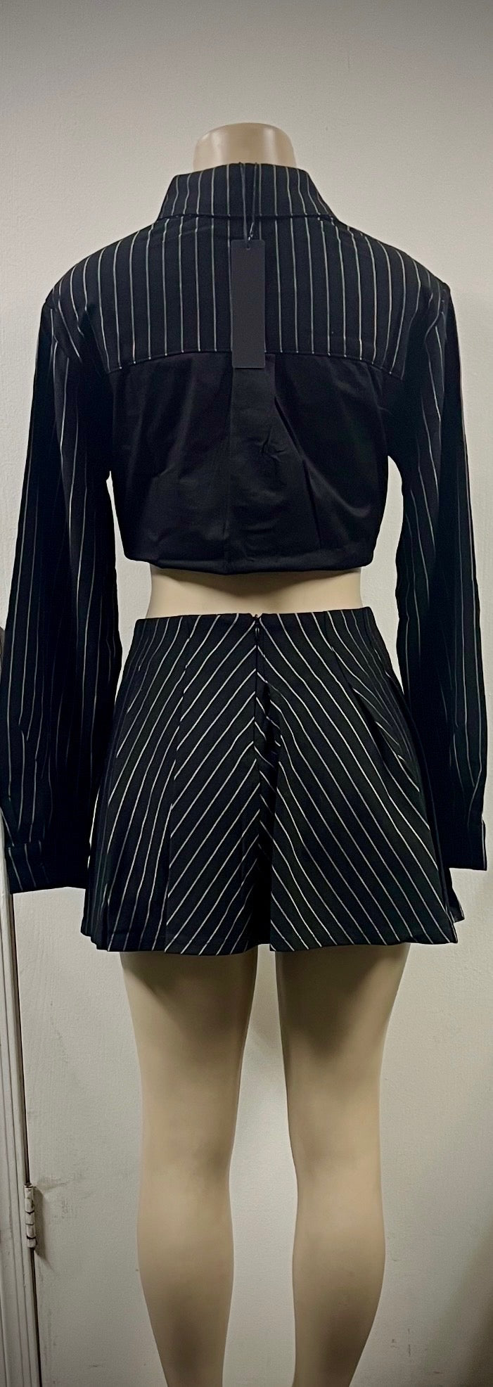 Black Pin Stripe 2pc Top W/Flare Skirt